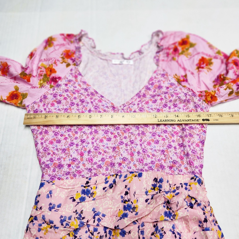 Patchwork Pink Floral Mini Dress Tiered Ruffle Balloon Sleeves  Boho Romantic XS - Picture 6 of 11